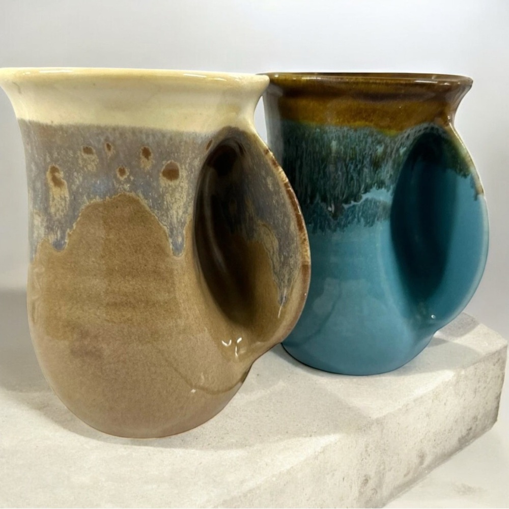 Handmade Pottery Thumb Mugs Signed Neher 2011 – Blue & Brown Drip Glaze Set of 2